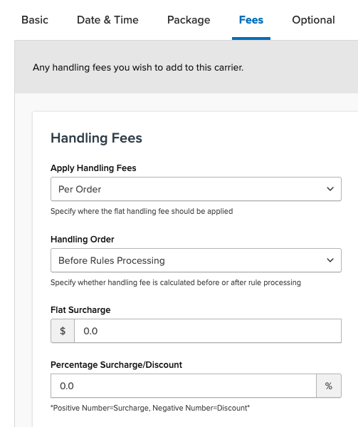 Carrier settings - carrier fees fields