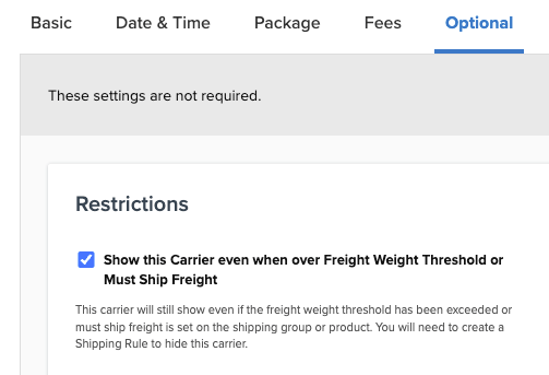Screenshot of "Show carrier even when freight applies"