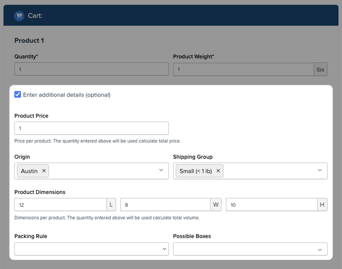 Test Your Rates "Enter additional details" panel expanded to show product price, origin, shipping group, product dimensions, packing rule, and possible boxes fields