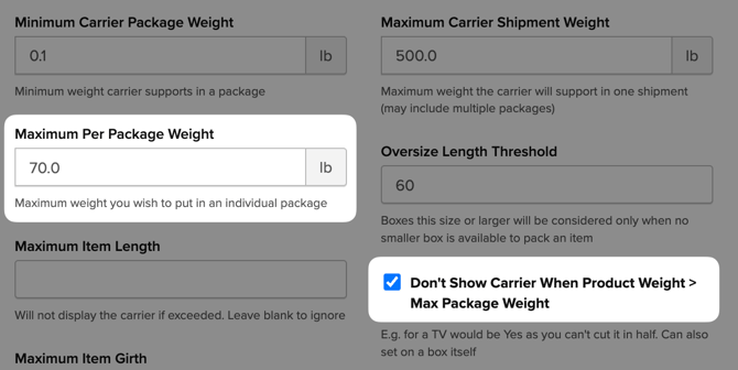 Screenshot of "Maximum per package weight" field and "Don't show carrier when product weight is greater than max package weight" checkbox.