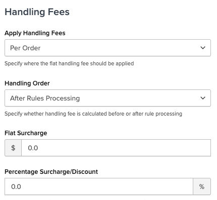 Carrier Handling fees fields for handling order, flat surcharge, and percentage surcharge or discount.