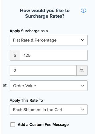 Screenshot of creating a surcharge shipping rule applied as a flat rate and percentage of the order value