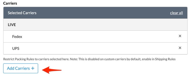 Sample showing how to add carriers to which packing rules will apply.