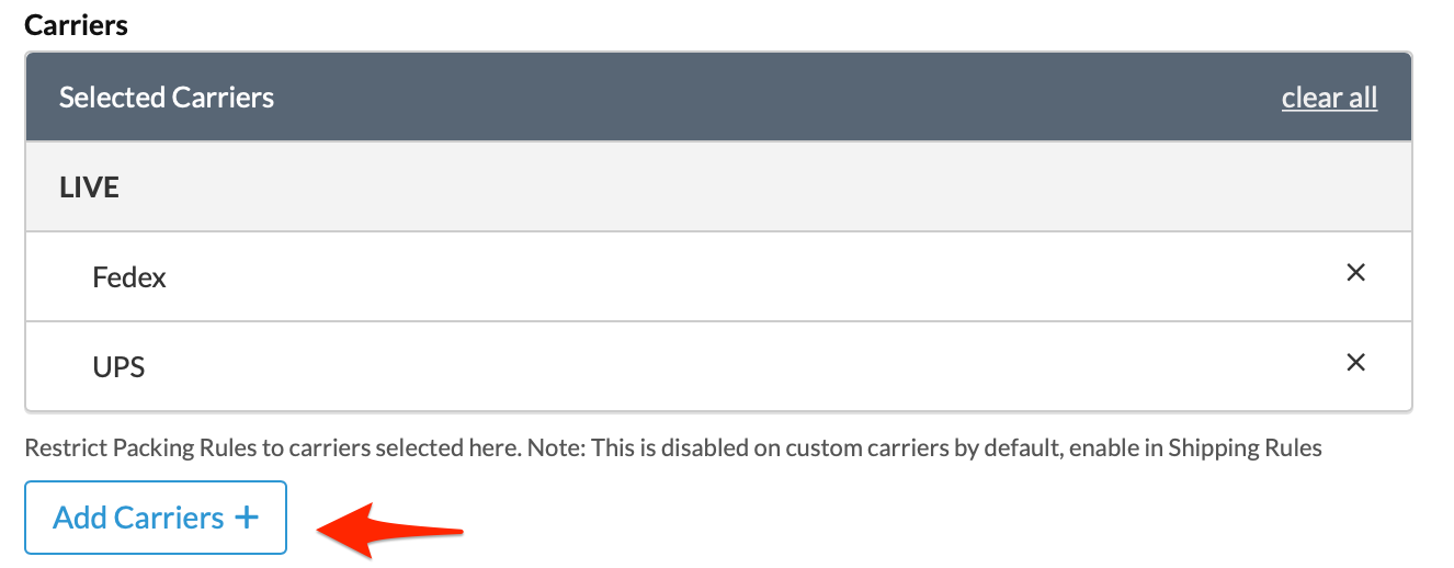 Sample showing how to add carriers to which packing rules will apply.