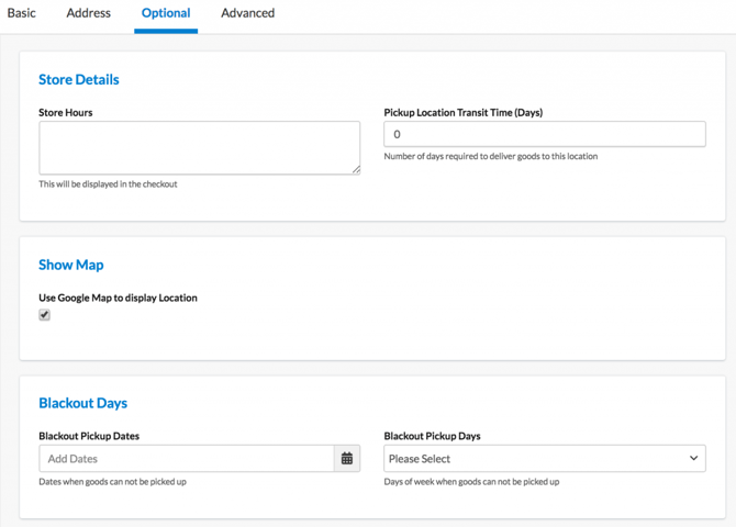 Pickup carriers, advanced settings allow the entry of the location on Google maps