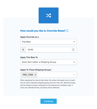 Sample showing how to configure the override rates and how this will apply on cart. In this example the override rate will apply on Each Item within a Shipping Group.