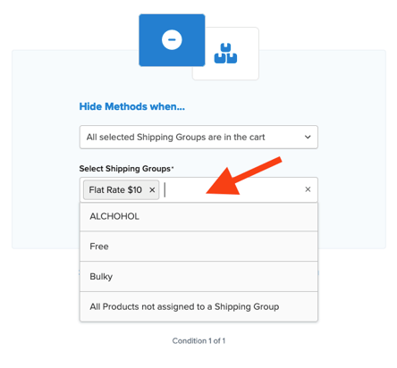 Example showing how to configure shipping groups condition for the rule.