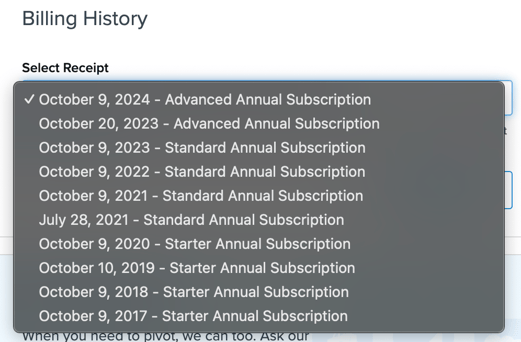 ShipperHQ Billing History page showing the invoice list with a drop-down menu for selecting previous billing periods.