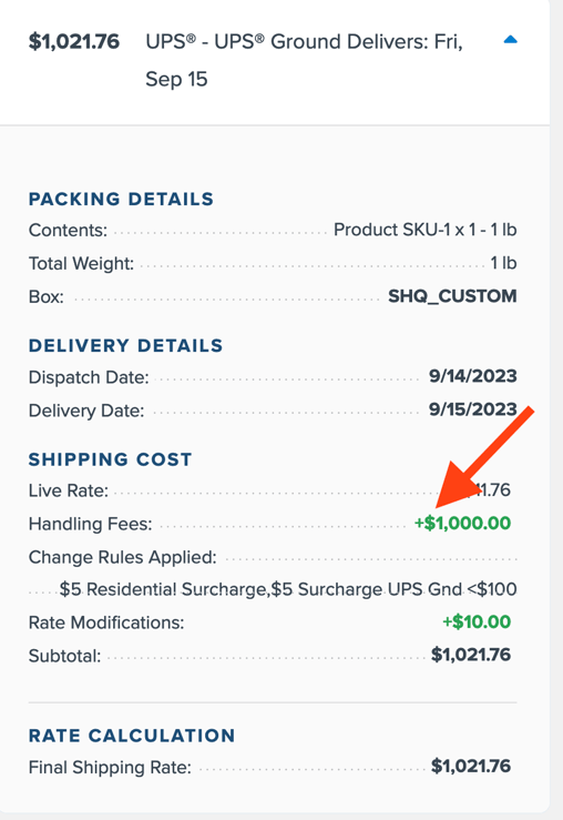 Sample showing detailed price breakdown of the calculated shipping cost.