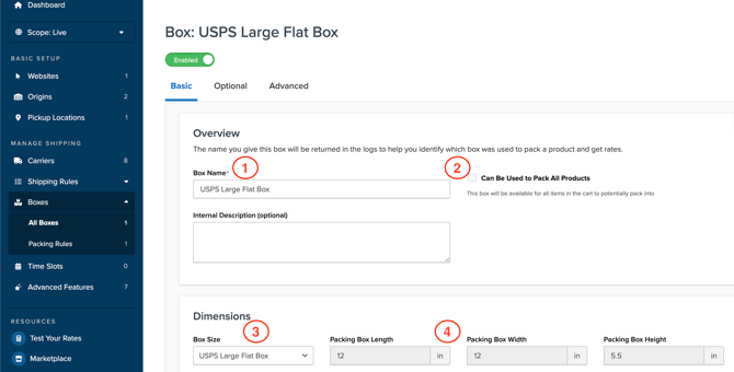 Setting Up a Box under Basic tab of All Boxes menu in ShipperHQ dashboard.