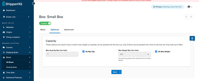 Box capacity settings like max quantity and max weight to be entered in Optional tab.