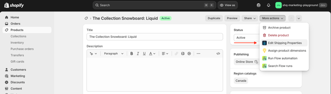 Edit shipping properties in Shopify.