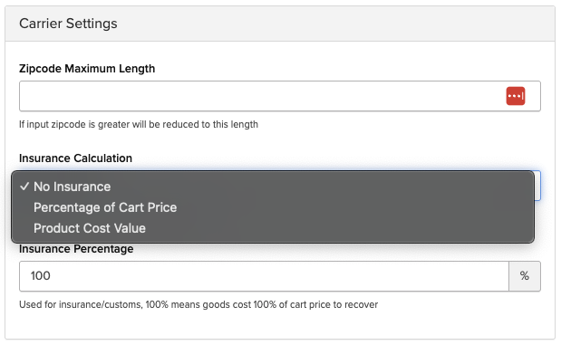 Declared Value dropdown in Global Settings.