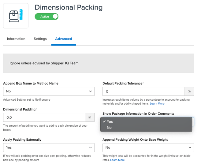 ShipperHQ package details option in Advanced Dimensional Packing settings.