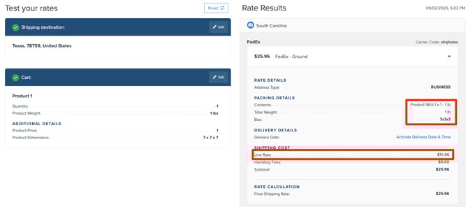 Test Your Rates showing surcharge applied to total.