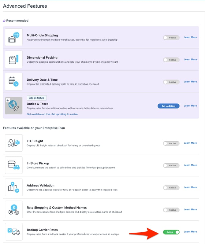 Advance Feature page where to enable Backup Carrier Rate feature