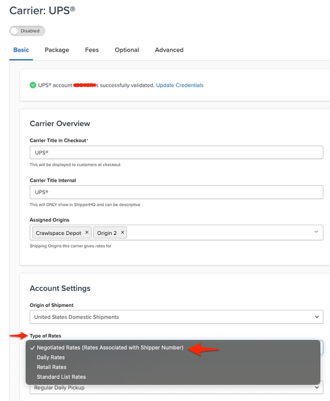 Where to locate Types of Rates in carrier settings