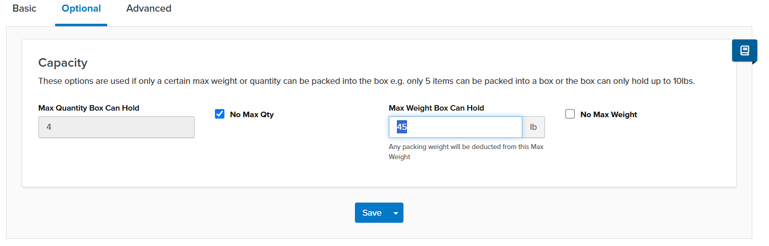 setting max packing weight for box
