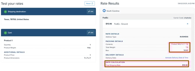 Checkout showing rate difference with and without surcharge.