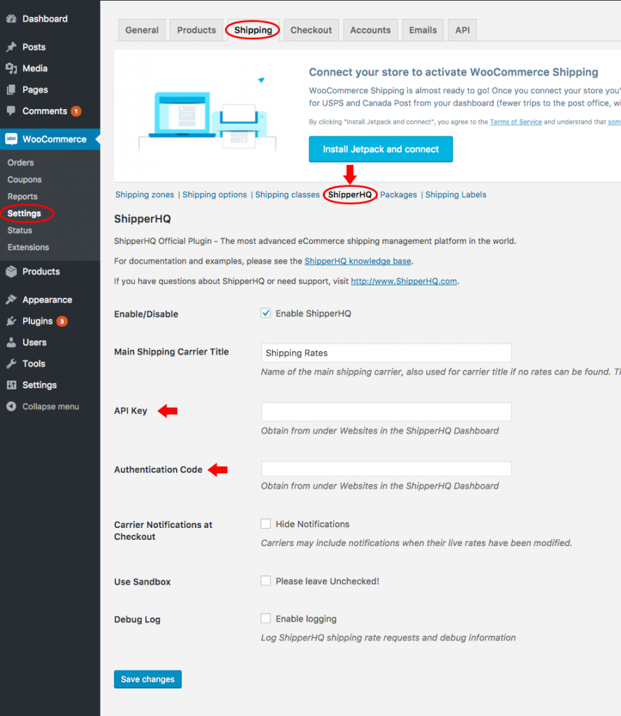 Enter ShipperHQ API details in WooCommerce dashboard.