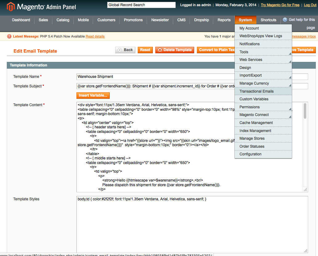 Magento admin panel, transactional email section