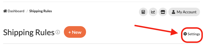 Location of Settings option on Shipping Rules page.