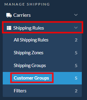 Viewing Customer Groups option under Shipping Rules menu.
