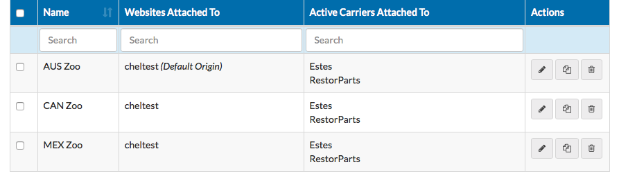 Example showing list of origins in ShipperHQ dasboard.