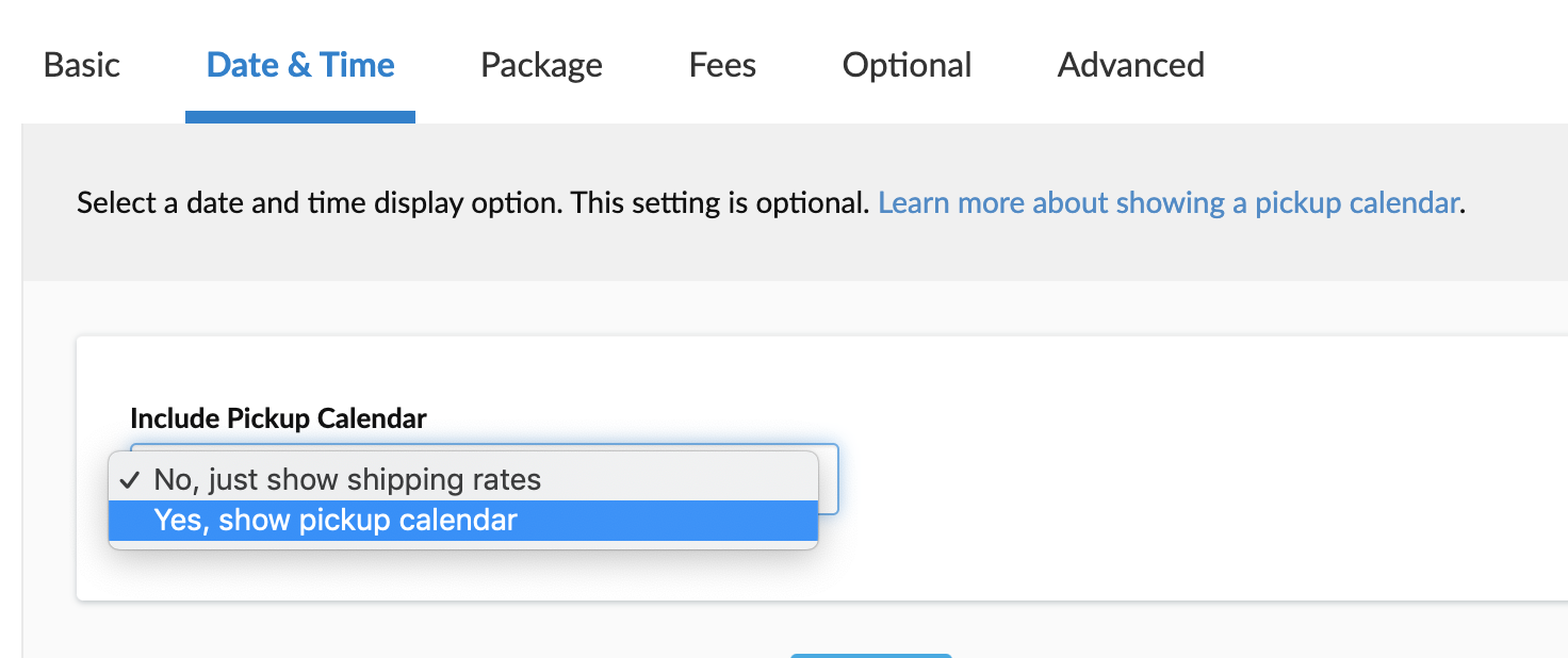 Setting to enable pickup calendar under Date & Time tab of the custom In-Store pickup carrier.