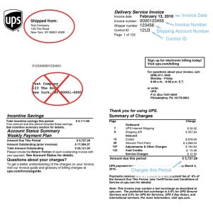 Example of a UPS invoice highlighting relevant information
