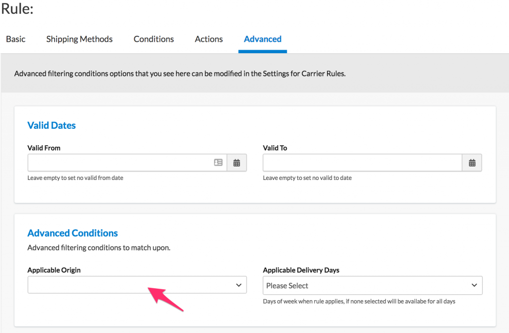 Location to configure Applicable Origin in the shipping rule under Advanced panel of the rule.