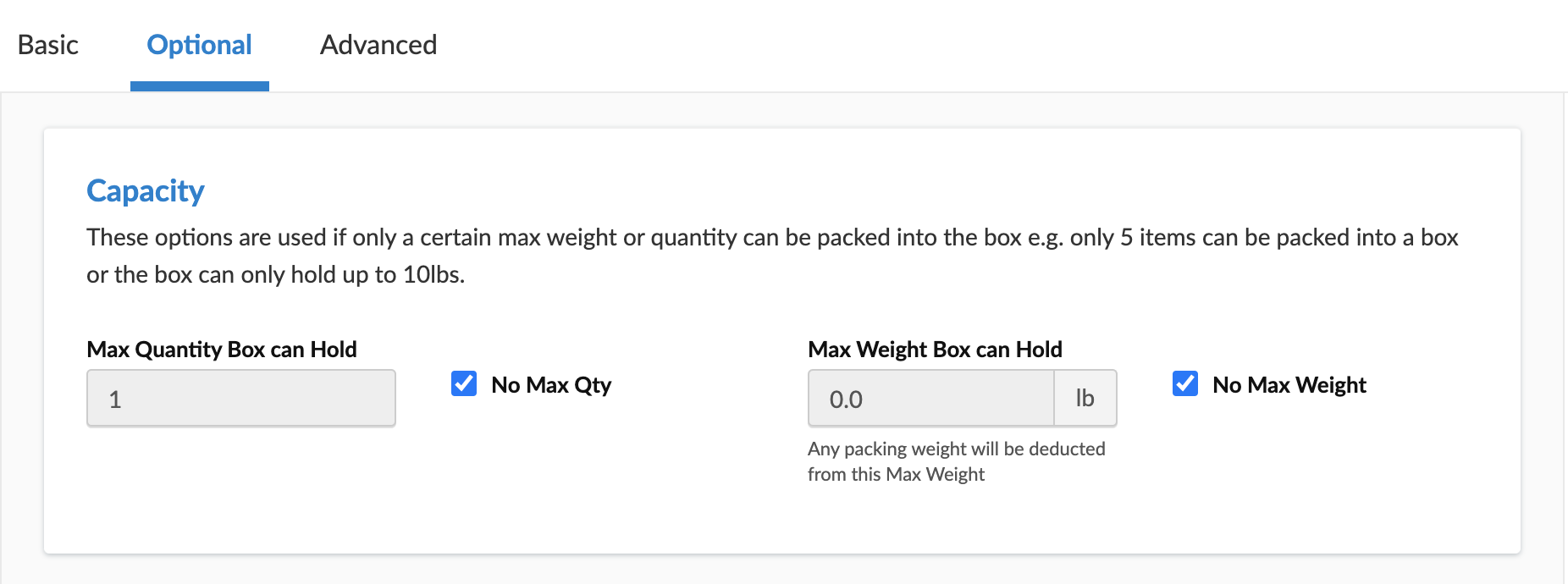 Box capacity related additional settings to be entered in Optional tab.