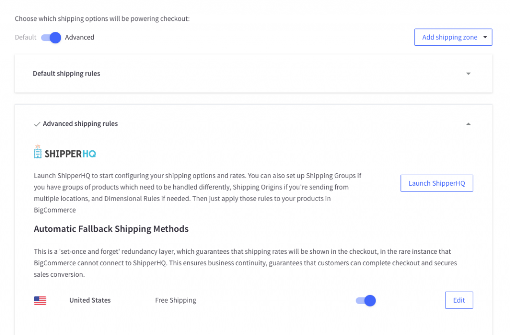 Toggle to Advanced to turn on ShipperHQ shipping rates.