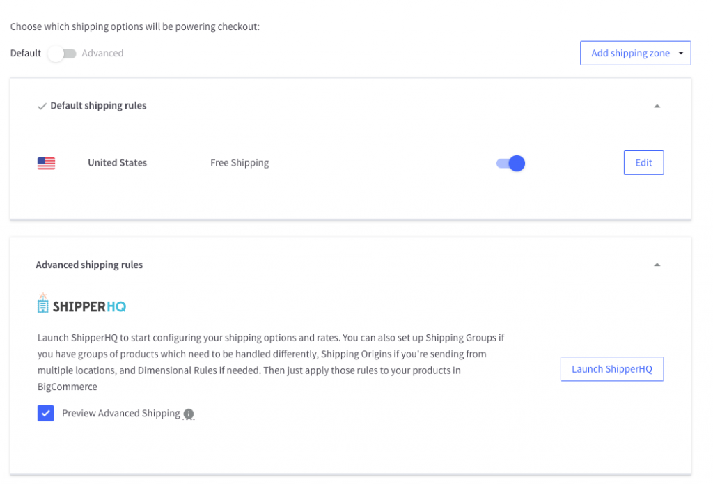 Setting to enable preview mode on shipping page in BigCommerce by checking Preview Advanced Shipping.