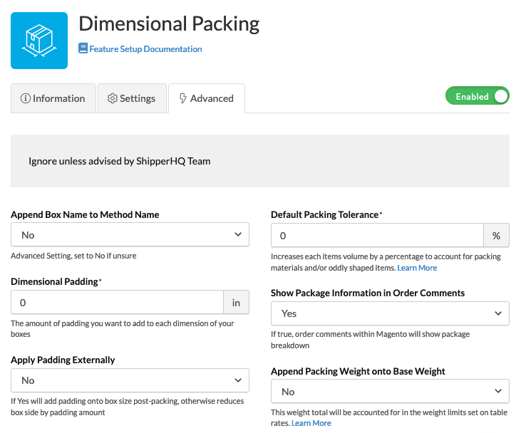 How to set up Dimensional Packing