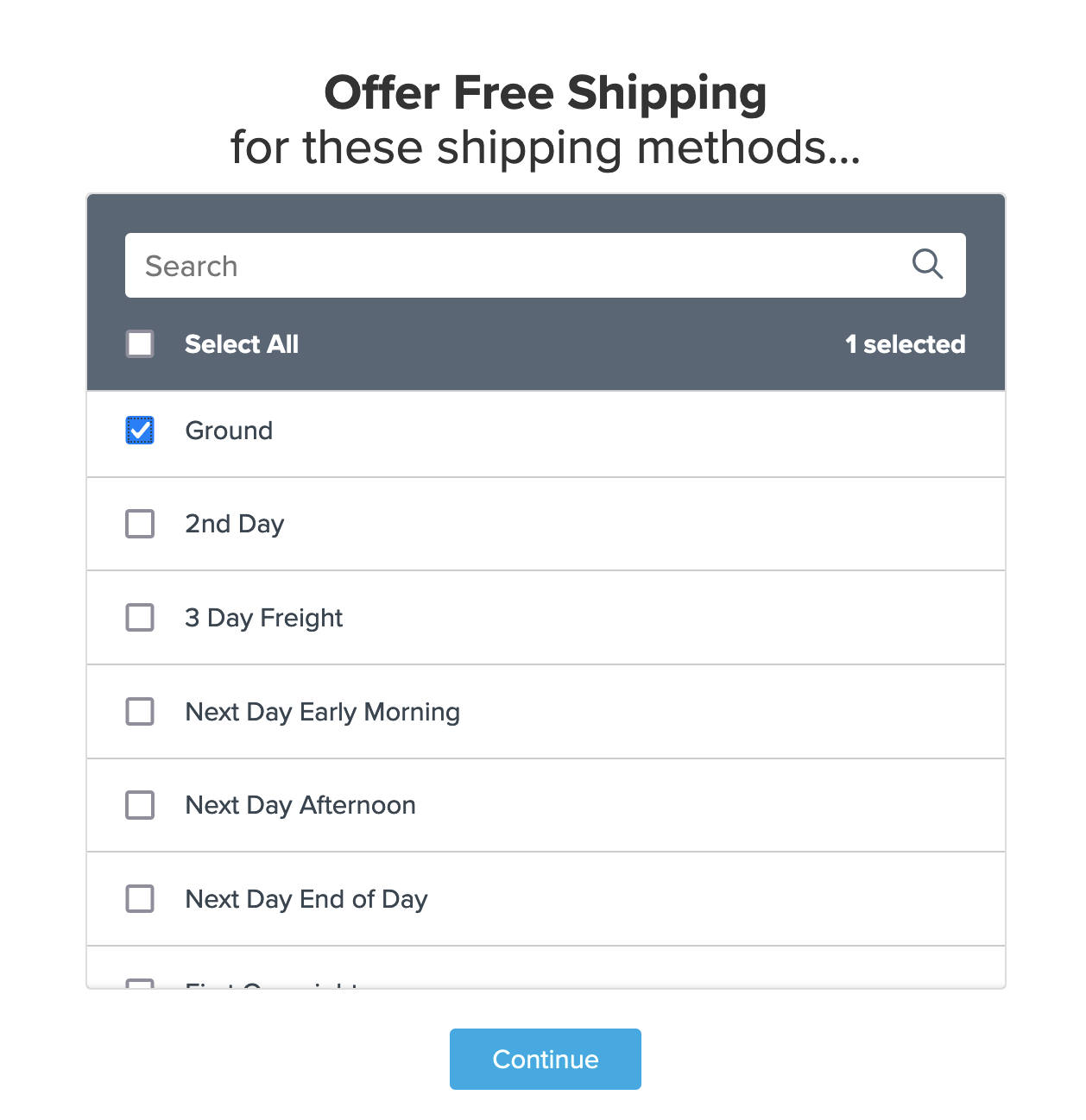 Example showing how to select shipping methods that the rule will be applicable on.