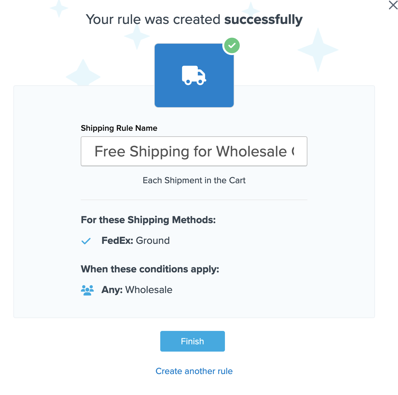 Example of summary of the shipping rule displayed before you click on Finish and complete the rule creation.