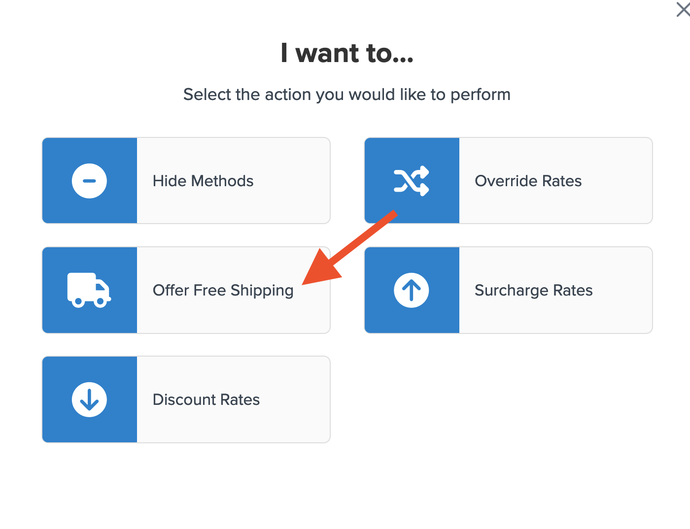 This is the step to select Offer Free Shipping action while creating a free shipping rule in the ShipperHQ dashboard.