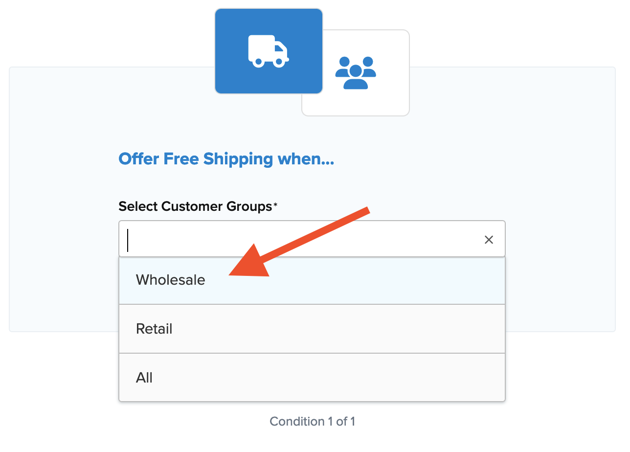 Example showing how to select customer groups in the rule.