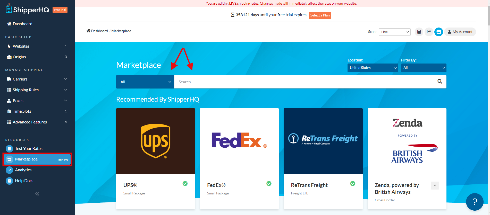 Search ShipperHQ's marketplace to view available carriers.