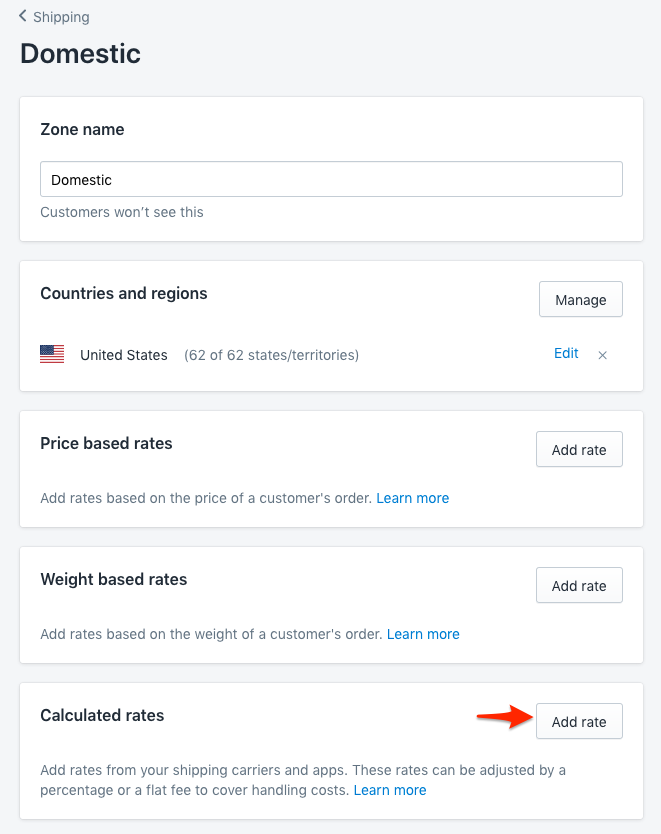Example of a domestic zone for ShipperHQ in Shopify Shipping settings