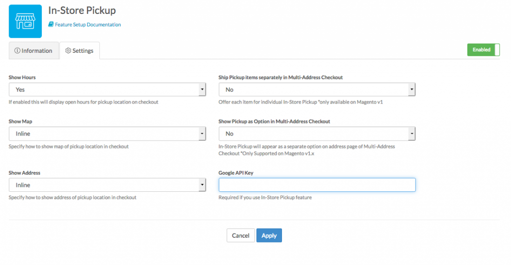 Location to apply changes to in-store pickup carrier settings from advanced features menu.