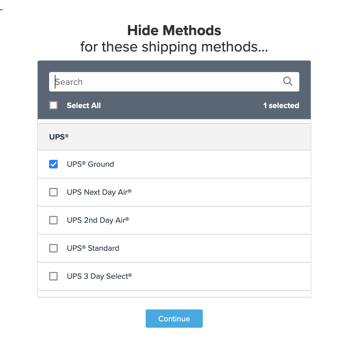 Example showing selecting shipping methods to hide through the shipping rule.