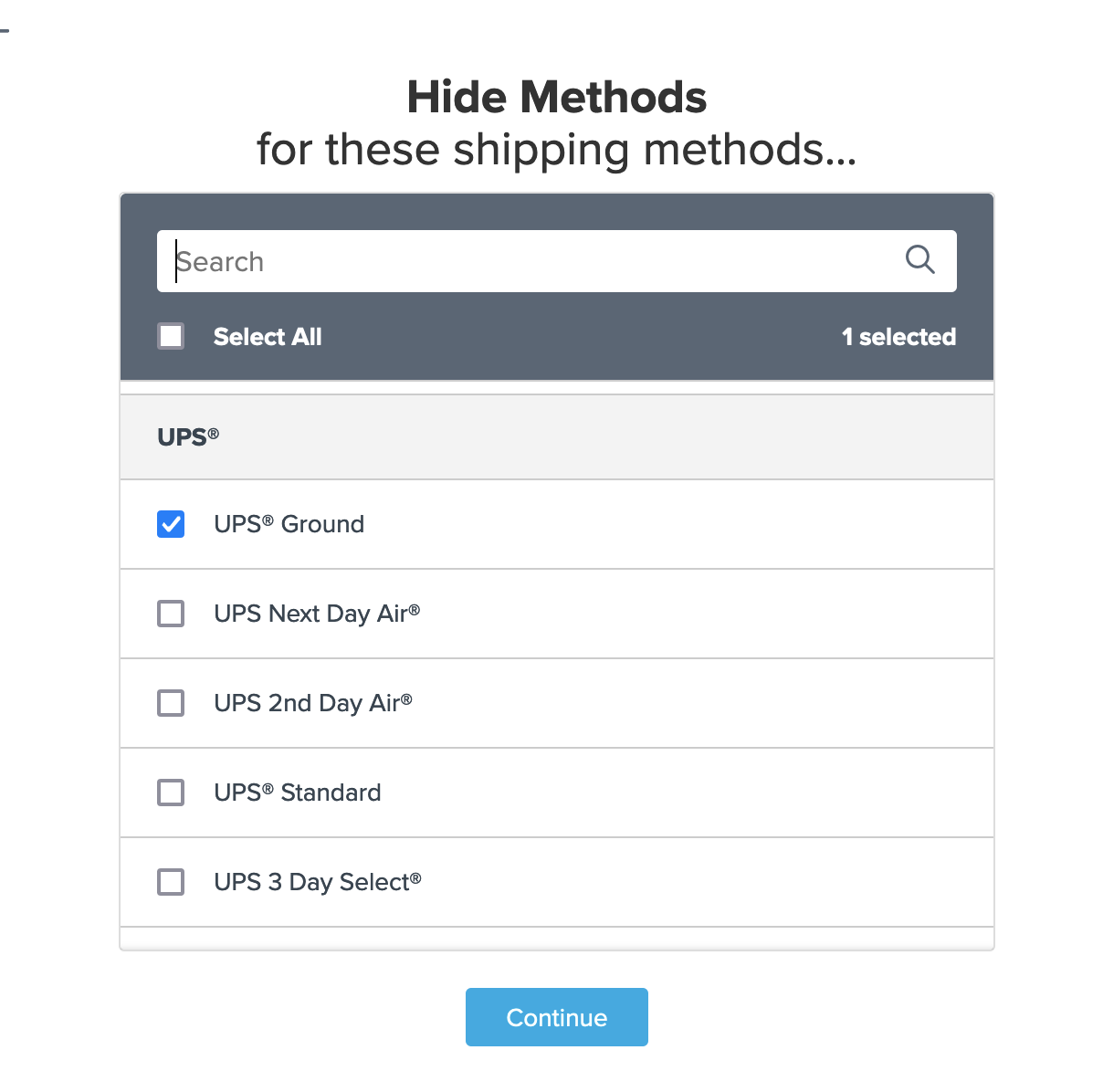 Example showing how to select shipping methods from the list that will be applicable for the rule.