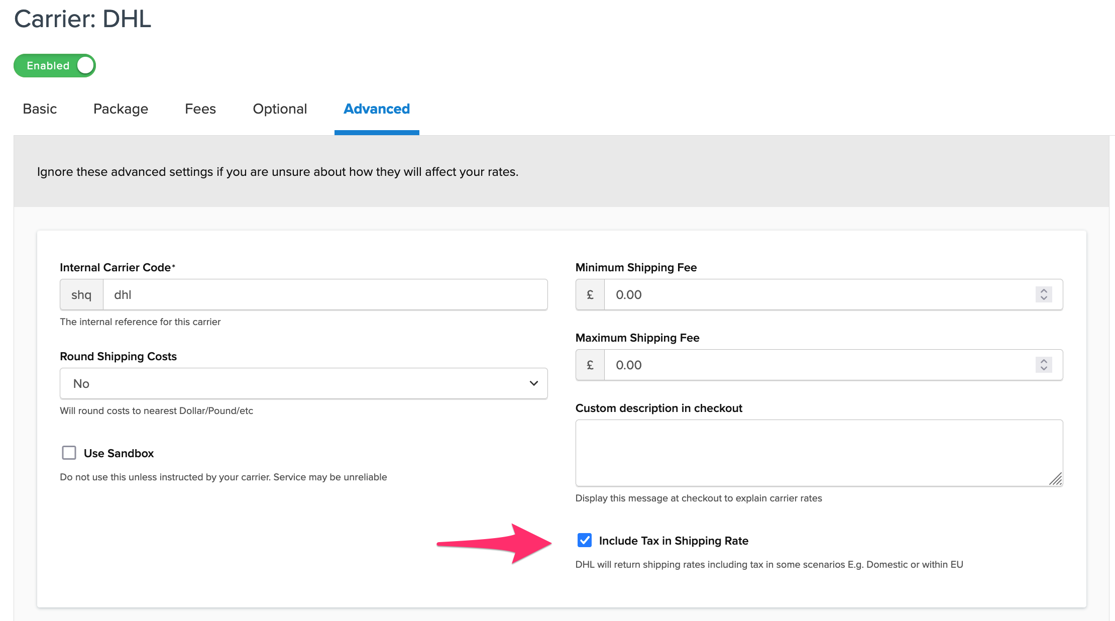 Option to include sales tax with shipping rates for DHL Express in ShipperHQ