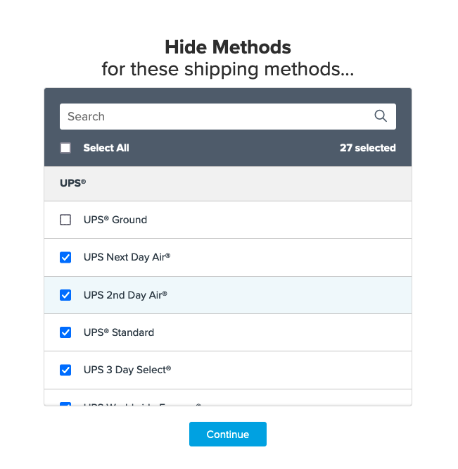 Example showing how to select shipping methods that will be hidden as per the rule.