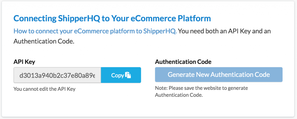 Connect ShipperHQ with your eCommerce site - API key and authorization code.