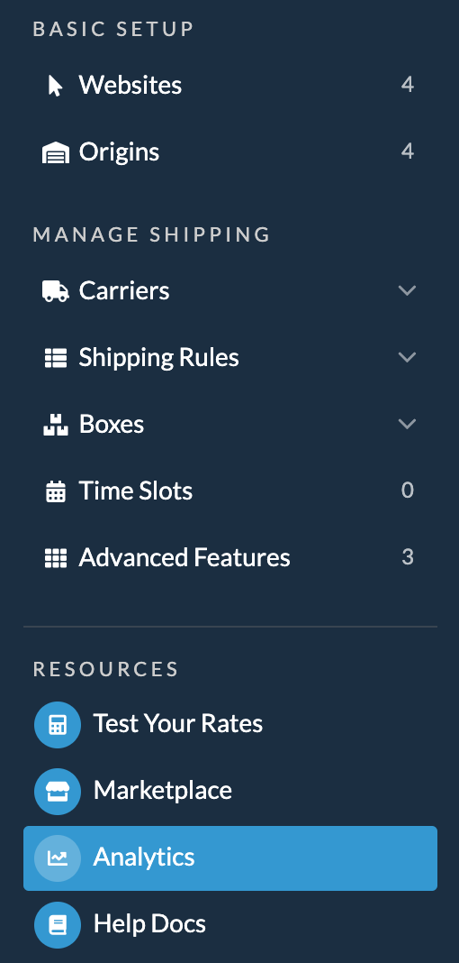 ShipperHQ Dashboard navigation menu to select Analytics