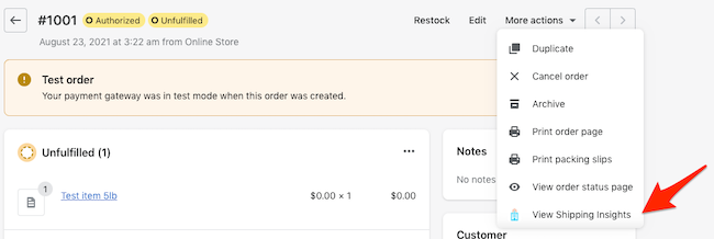 Shipping Insights option on a Shopify Order