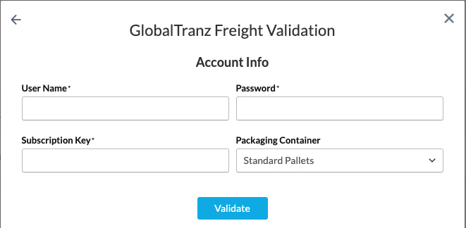 Enter your GlobalTranz Freight account information to complete the validation of this carrier in ShipperHQ